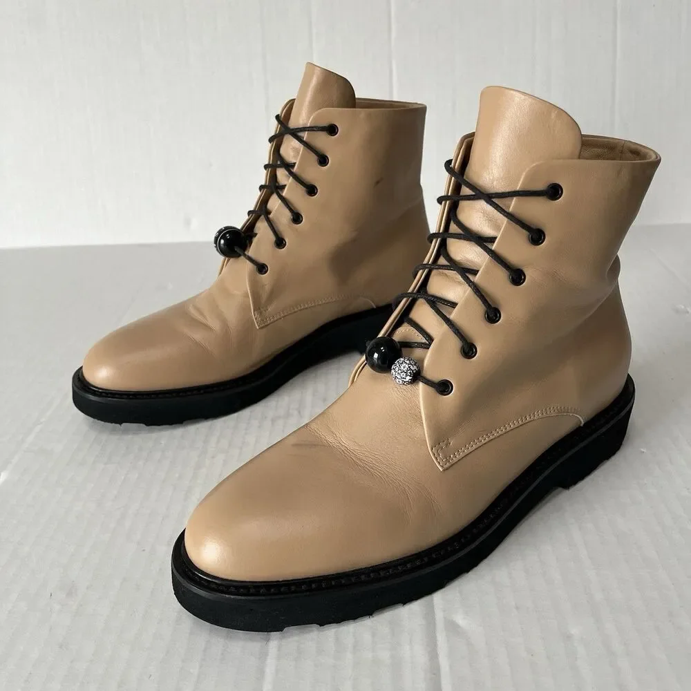 DEAR FRANCES Park Boot Womens 9.5 Camel Tan Leather Lace Up Ankle Combat Beaded